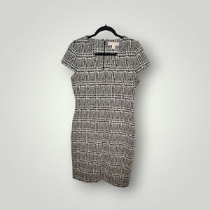 Michael Kors Sheath Dress Black White Plaid Slit V Neck Short Sleeve Knit